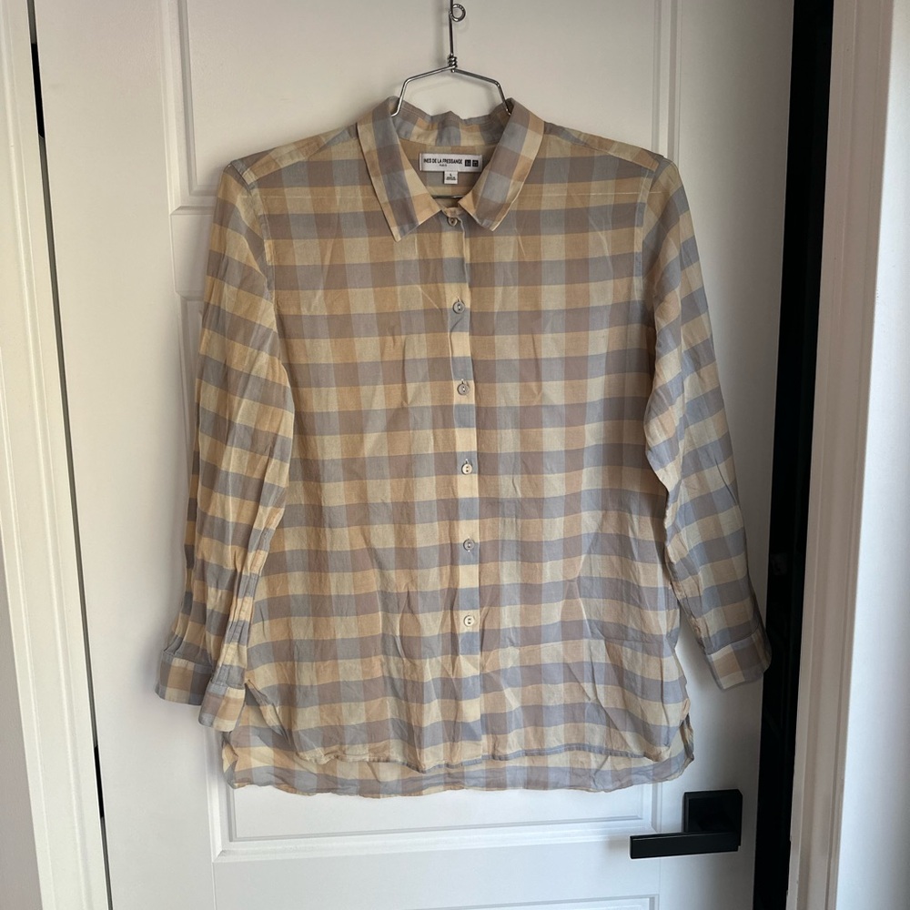 Uniqlo Beige and Blue Plaid Button Down Shirt